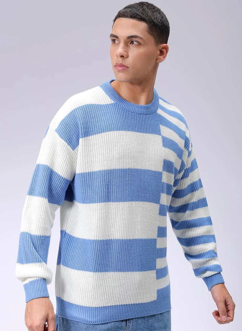 The Indian Garage Co Men Oversized Striped Crew Neck Sweater
