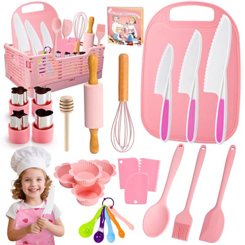 Windidi Kids Baking Cooking Set Real Toddler Kid Apron Kids Knife Set for Real Cooking BasketFoodGrade MaterialMontessori Toddler Kitchen Tools Christmas Birthday Gift for 310 Year Old Girls Boys - Image 1