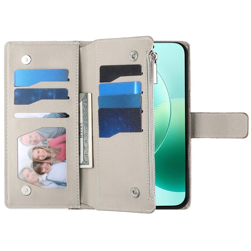 erorex For Honor 400 Pro Global 160.8mm Stitching Multi-card Zipper Wallet Leather Phone Case with Short Strap(White) - Image 4