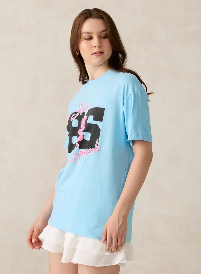 Outzidr  Blue Graphic Oversized T-Shirt for Women | Best Price UAE