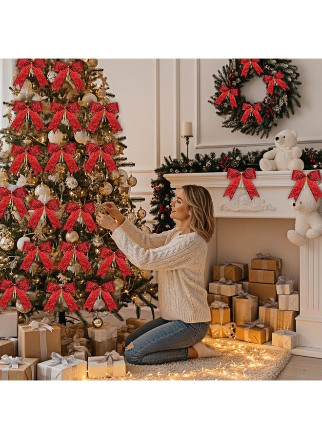 Sumind 36 Pieces Red Christmas Tree Glitter Bows, 5 x 4 Inch Tie Ribbon Twist Tie Bows for Treat Bags Gift Wrapping Basket Wedding Birthday Valentine Christmas Tree Wreath Garland Decoration - Image 3