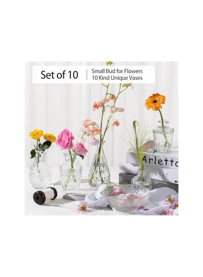 The Bros 10 PCS Glass Bud Vases Set,Senior Clear Small Bud Vases Advanced Vintage Bud Vase Decorations Exquisite Diamond Relief Mini Flowers Vases for Centerpieces Table Home Wedding Party Decor - Image 5