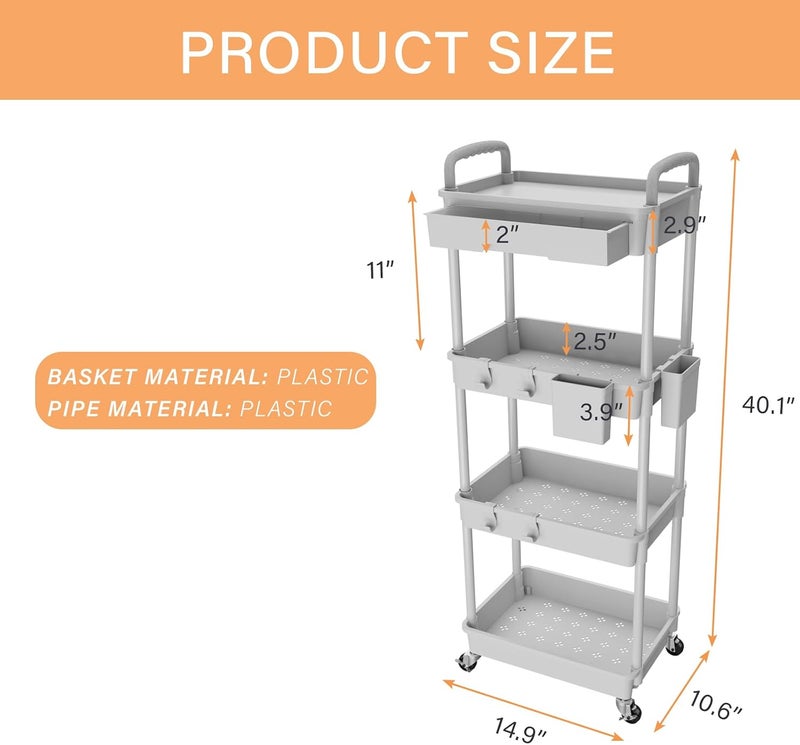 REBECAT 4-Tier Rolling Utility Cart with Drawer, Multi-Purpose Storage Tool Utility Cart for Kitchen, Bathroom, Living Room, Office (Gray) - Image 4