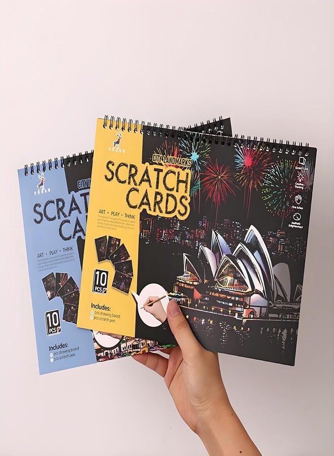 VTEAS 10 PCS Cityscape Scratch Art Book for Teen & Adults: DIY Colorful City Series Painting Paper | ASMR Stress-Relief Engraving Kit Scratchboard | DIY Sketch Card Creative Craft Toy (Travel Landmarks A) - Image 3