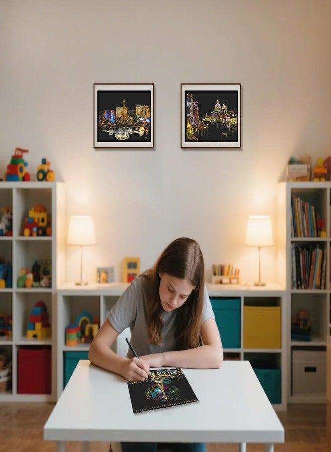 VTEAS 10 PCS Cityscape Scratch Art Book for Teen & Adults: DIY Colorful City Series Painting Paper | ASMR Stress-Relief Engraving Kit Scratchboard | DIY Sketch Card Creative Craft Toy (Travel Landmarks A) - Image 2