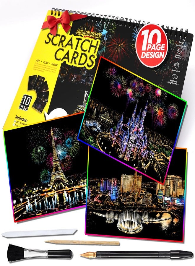 VTEAS 10 PCS Cityscape Scratch Art Book for Teen & Adults: DIY Colorful City Series Painting Paper | ASMR Stress-Relief Engraving Kit Scratchboard | DIY Sketch Card Creative Craft Toy (Travel Landmarks A) - Image 1