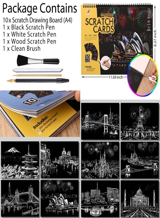 VTEAS 10 PCS Cityscape Scratch Art Book for Teen & Adults: DIY Colorful City Series Painting Paper | ASMR Stress-Relief Engraving Kit Scratchboard | DIY Sketch Card Creative Craft Toy (Travel Landmarks A) - Image 4