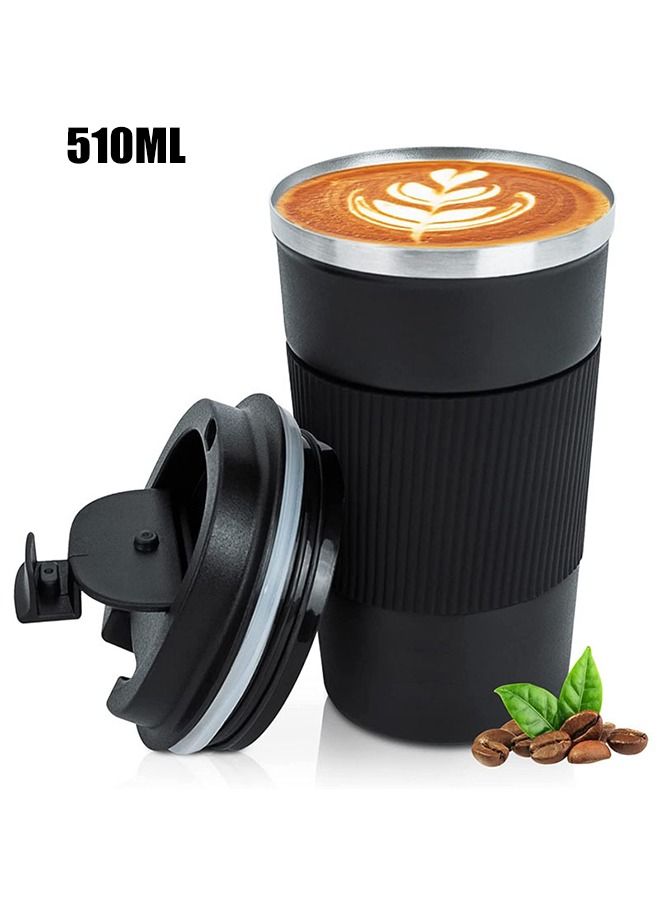 Coffee Stainless Steel Insulated Coffee Mug, 510ML Iced Coffee Tumbler Cup With Flip Lid and Handle, Double Wall Vacuum Leak Proof Thermos Mug for Travel Office School Party Camping  - Image 1