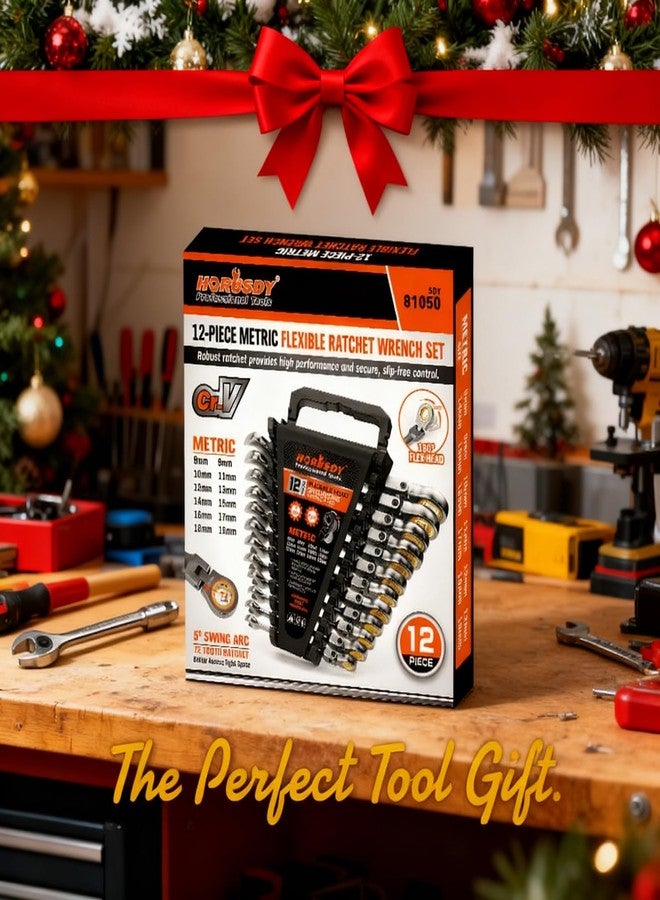 هورسدي طقم مفاتيح ربط مترية مرنة الرأس من هوروسدي، ١٢ قطعة، مع منظم | طقم مفاتيح ربط مركبة بسقاطة ٨-١٩ مم | ٧٢ سنًا | فولاذ كروم فاناديوم - Image 2