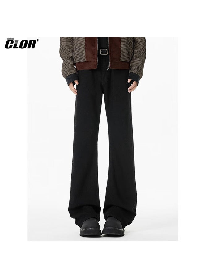 Clor Autumn And Winter Curved Knife Micro-flared Jeans For Men, Cleanfit American-style Loose Versatile Straight-leg Trousers, Nz15 Black 3XL - Image 3