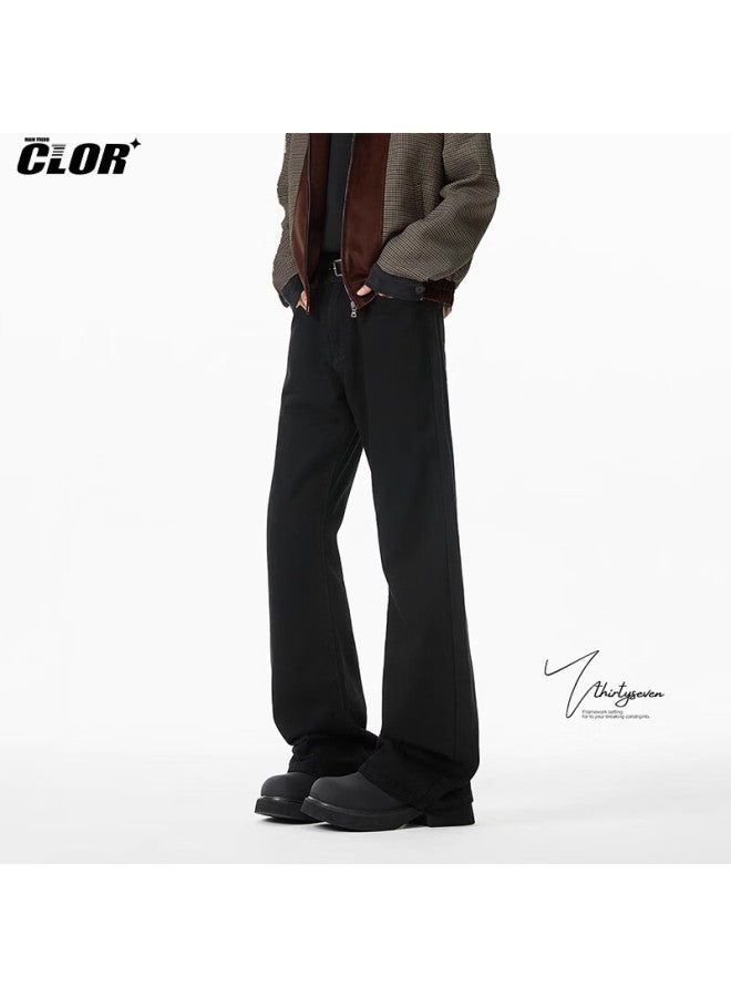 Clor Autumn And Winter Curved Knife Micro-flared Jeans For Men, Cleanfit American-style Loose Versatile Straight-leg Trousers, Nz15 Black 3XL - Image 1