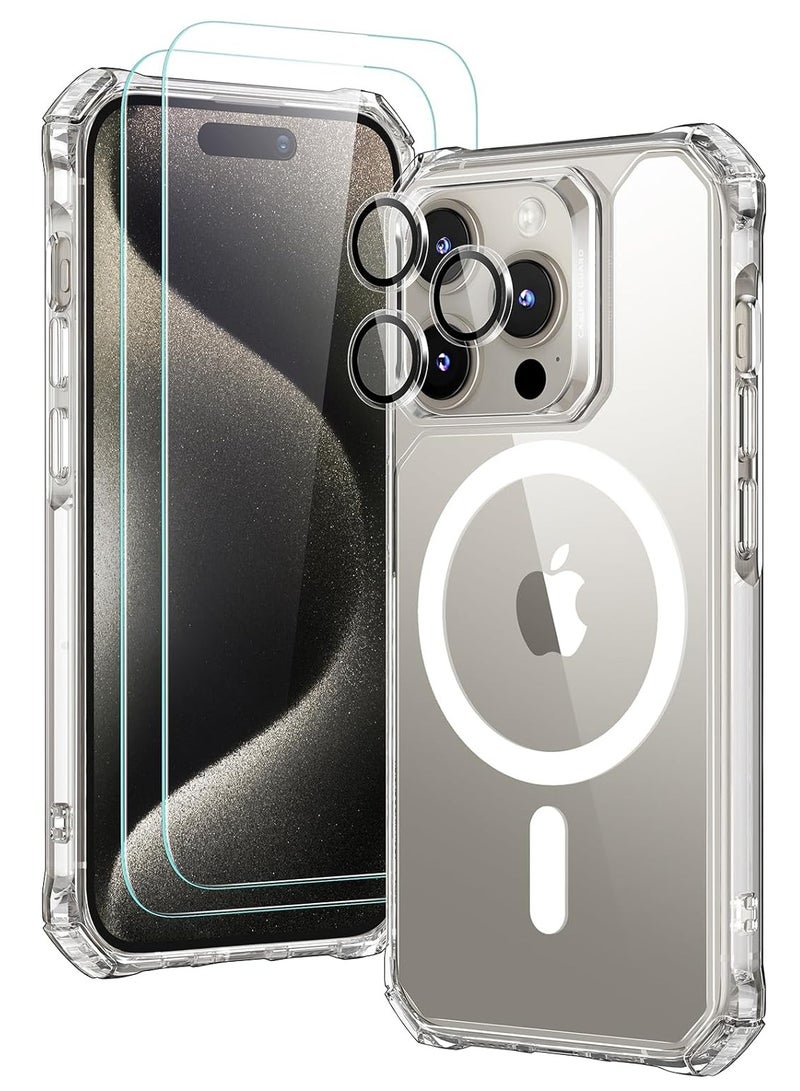 ELTRAZONE for iPhone 15 Pro Max Case, Compatible with MagSafe, Set with 2 Screen Protectors and Single Camera Lens Protectors, Air Guard Corners, Yellowing-Resistant Acrylic Back, Air Armor Series, Clear - Image 1