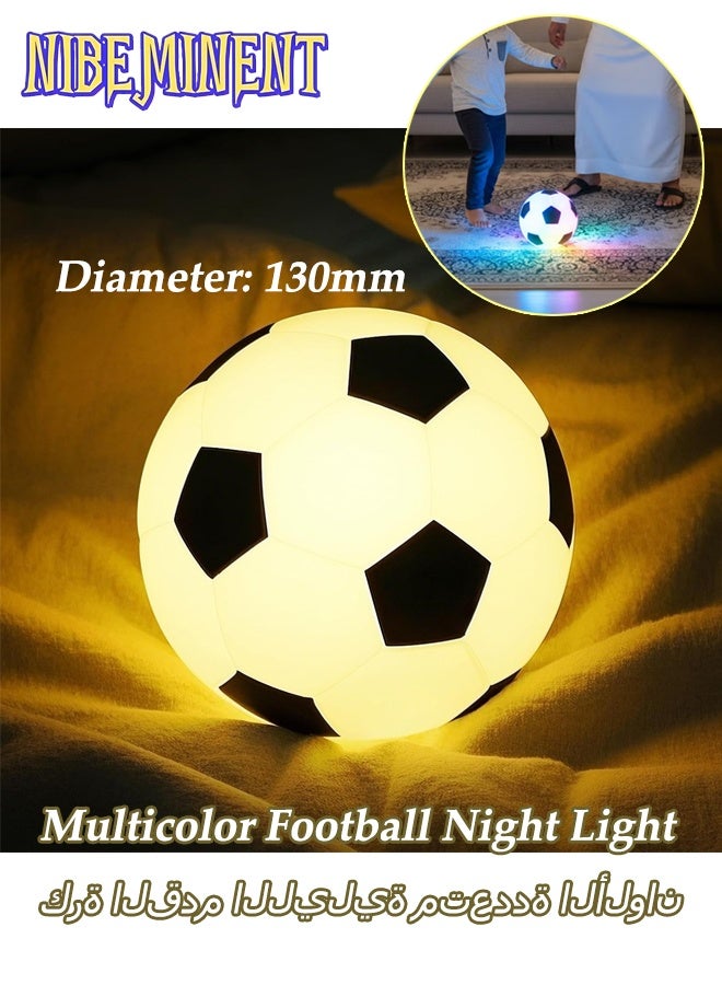 NIBEMINENT كرة قدم سيليكونية مضيئة في الظلام للأطفال، يمكن ركلها والنقر عليها لتغيير اللون، قابلة للشحن 5.12 إنش، مصباح كرة قدم ليلي 7 ألوان، ديكور منزلي هدايا عيد ميلاد للأطفال - Image 1