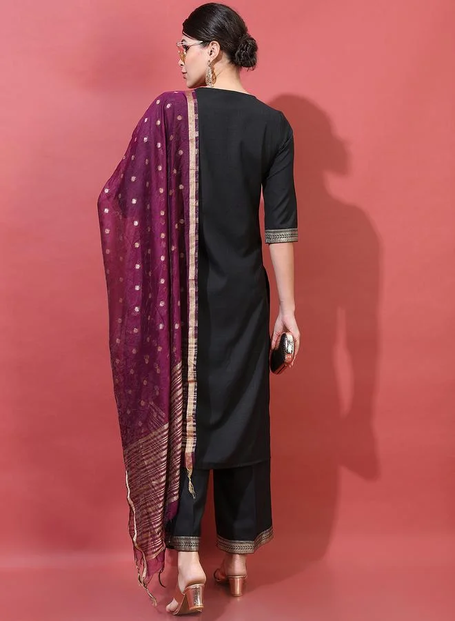 Vishudh Women Black Printed Kurta with Trousers & Dupatta by Styli
