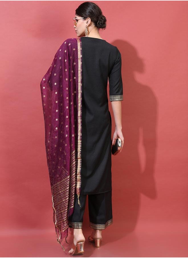 Vishudh Women Black Printed Kurta with Trousers & Dupatta by Styli  - Image 3