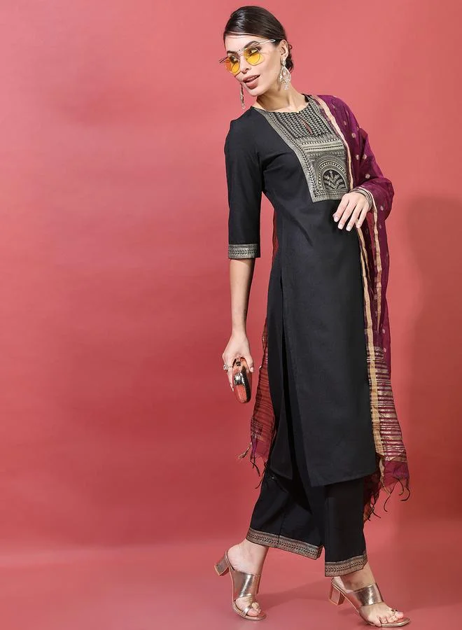 Vishudh Women Black Printed Kurta with Trousers & Dupatta by Styli