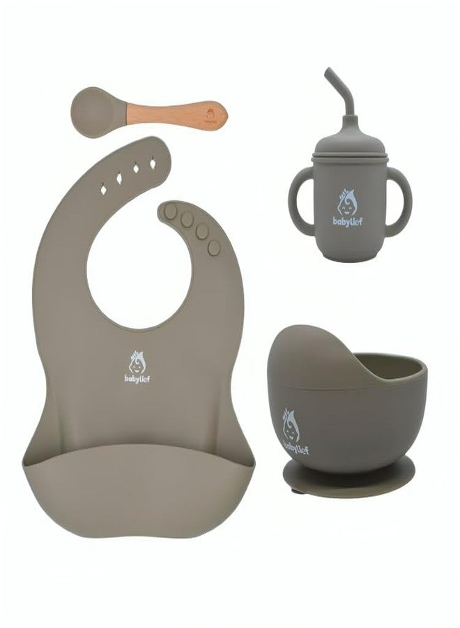 Babylief™ Baby Feeding Set, 4 Pieces, Silicone Bib, Cup with Straw, Bowl with Suction Base and Spoon, Multicolour (Sage) - Image 1