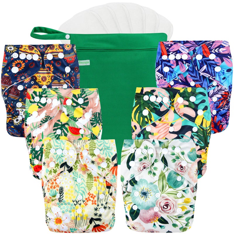 wegreeco Cloth Diapers 6 Pack with 6 Inserts & 1 Wet Bag, Washable Cloth Diapers for Babies, One Size Adjustable Reusable (Love, Flowers) - Image 1