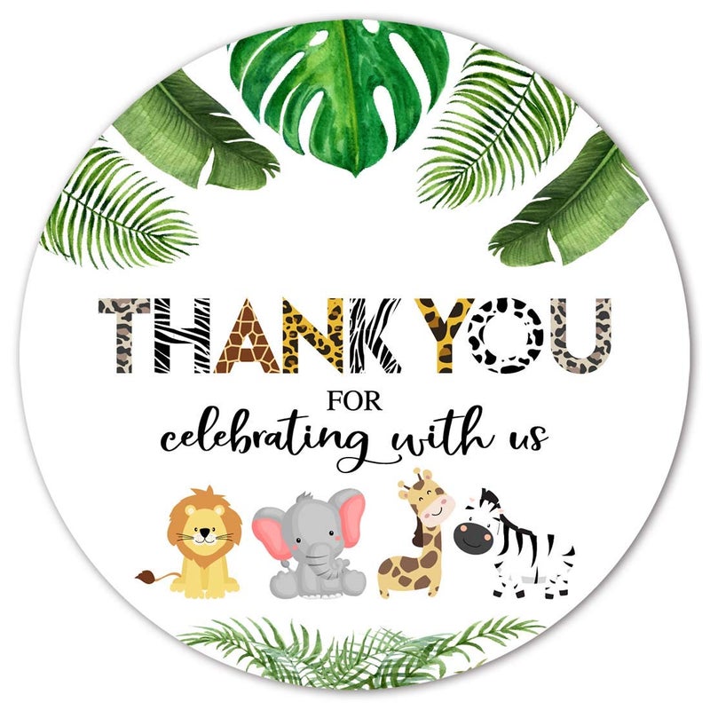 Jungle Animals Thank You Favor Stickers, 2" Greenery Safari Baby Shower Birthday Labels, Party Decorations, Supplies, 40-Pack