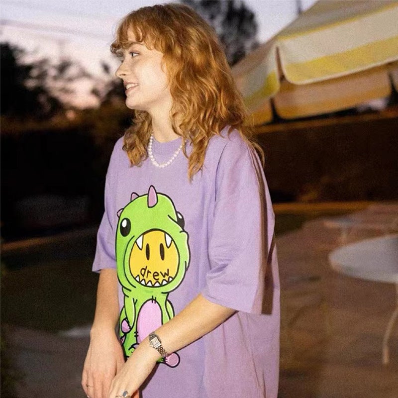 Smile Face Little Dinosaur Short-sleeved Niche Trendy Brand All-match American Style High Street Loose Men's and Women's Couple Pure Cotton FOGT T-shirt - Image 1