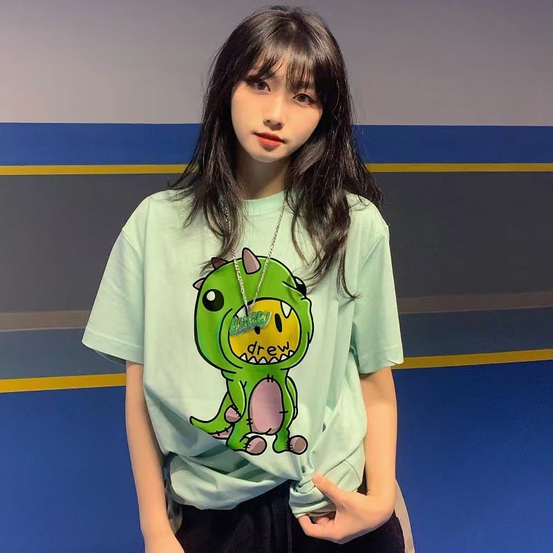 Smile Face Little Dinosaur Short-sleeved Niche Trendy Brand All-match American Style High Street Loose Men's and Women's Couple Pure Cotton FOGT T-shirt - Image 3