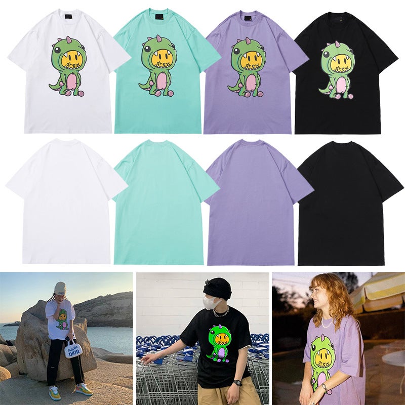 Smile Face Little Dinosaur Short-sleeved Niche Trendy Brand All-match American Style High Street Loose Men's and Women's Couple Pure Cotton FOGT T-shirt - Image 2