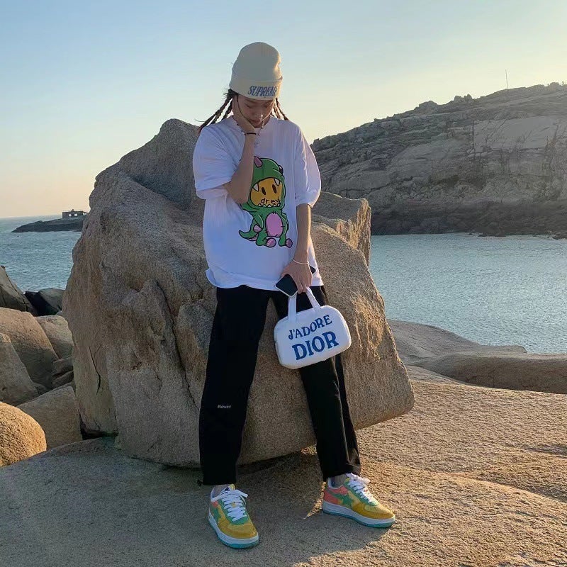 Smile Face Little Dinosaur Short-sleeved Niche Trendy Brand All-match American Style High Street Loose Men's and Women's Couple Pure Cotton FOGT T-shirt - Image 4