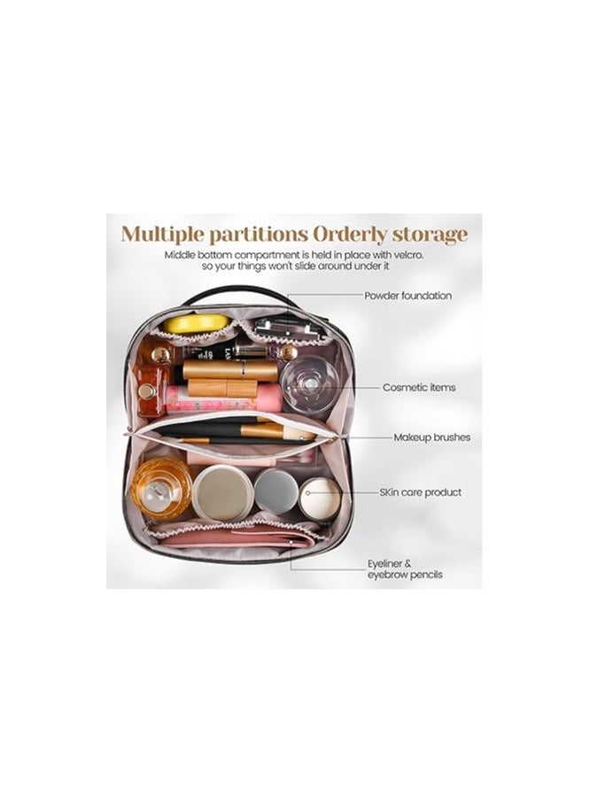 ORiTi Large Capacity Travel Cosmetic Bag - Makeup Bag, PU Leather Waterproof Cosmetic Bag, Women Portable Travel Makeup Bag With Handle and Divider Flat Lay Makeup Organizer Bag GREEN - Image 2