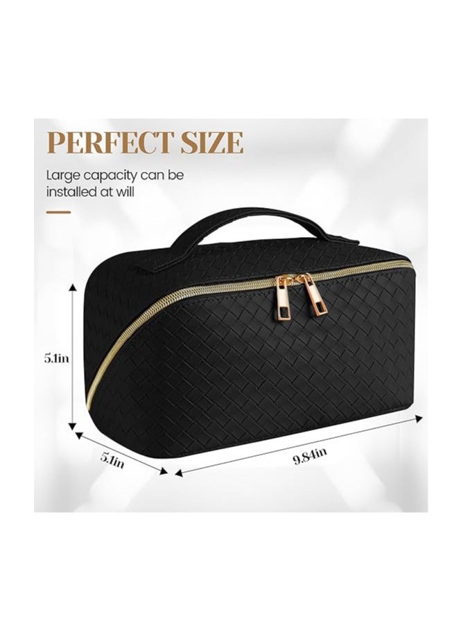 ORiTi Large Capacity Travel Cosmetic Bag - Makeup Bag, PU Leather Waterproof Cosmetic Bag, Women Portable Travel Makeup Bag With Handle and Divider Flat Lay Makeup Organizer Bag GREEN - Image 3