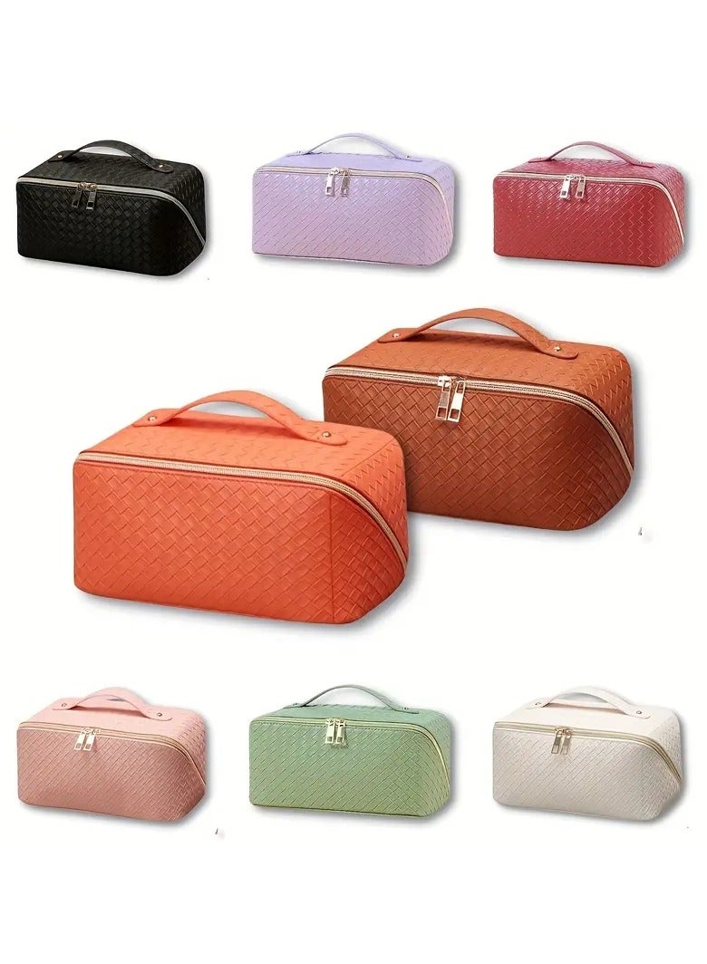 ORiTi Large Capacity Travel Cosmetic Bag - Makeup Bag, PU Leather Waterproof Cosmetic Bag, Women Portable Travel Makeup Bag With Handle and Divider Flat Lay Makeup Organizer Bag GREEN - Image 4