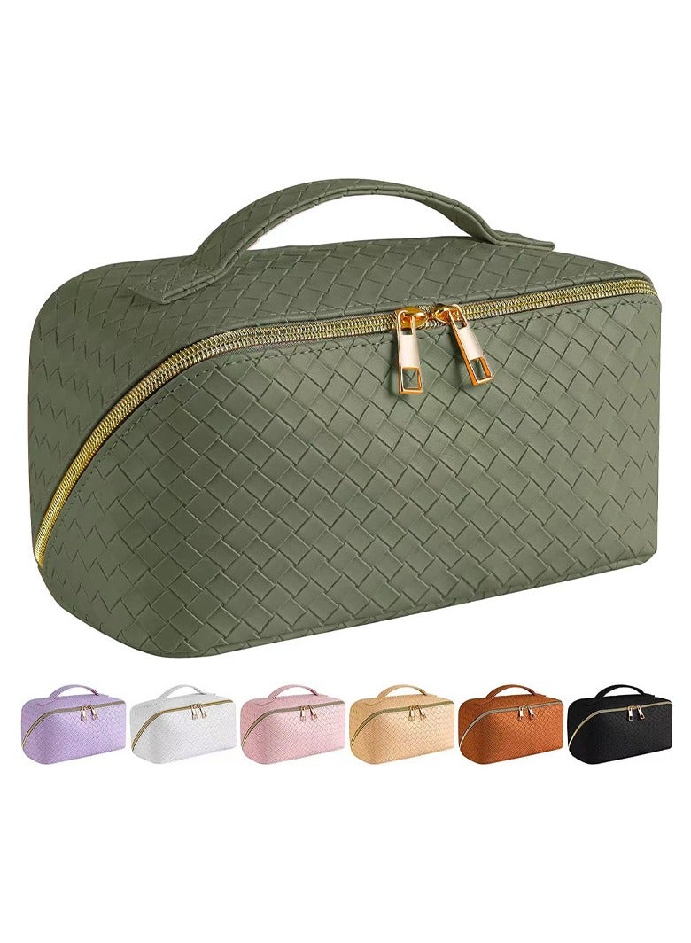 ORiTi Large Capacity Travel Cosmetic Bag - Makeup Bag, PU Leather Waterproof Cosmetic Bag, Women Portable Travel Makeup Bag With Handle and Divider Flat Lay Makeup Organizer Bag GREEN - Image 1