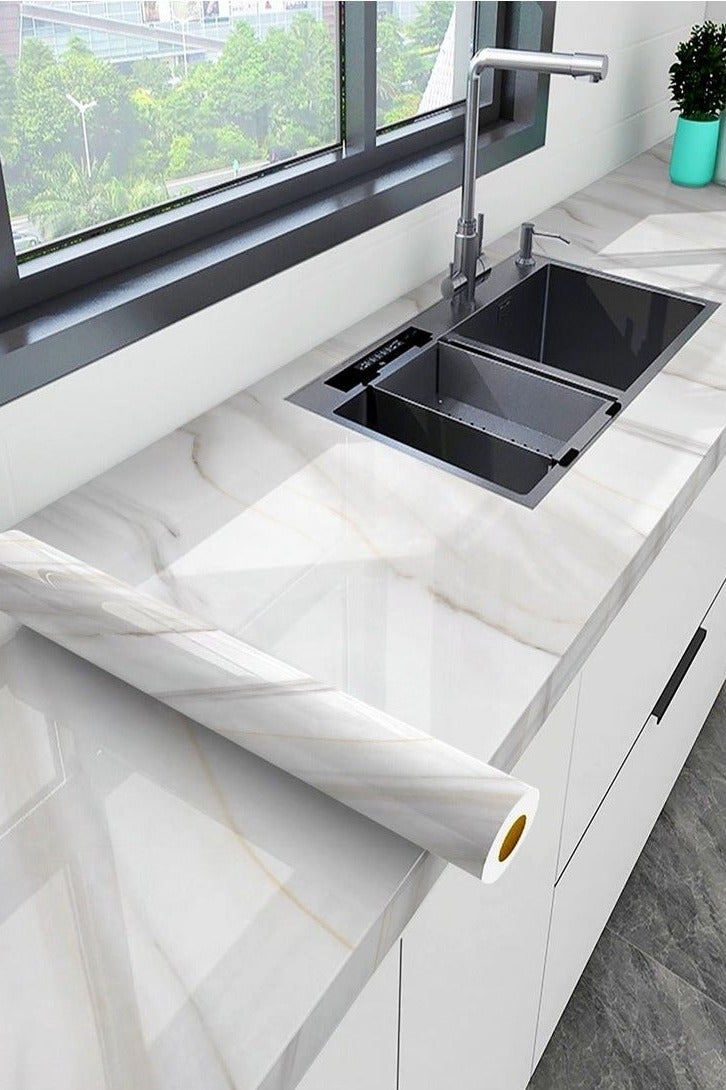 Arabest ملصقات ورق جدران مطبخ رخام لامع 40 سم * 500 سم، ملصقات مطبخ ذاتية اللصق، ملصقات رقائق الألمنيوم للمطبخ، ملصقات مقاومة للزيت وماء لموقد المطبخ - Image 1