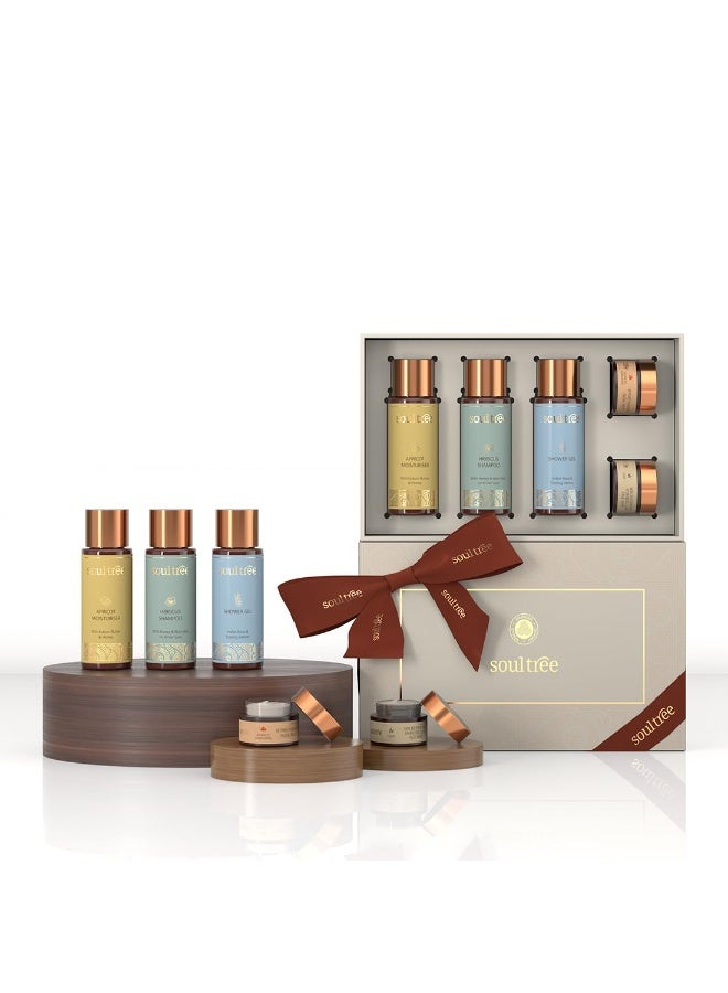 سول تري مجموعة SoulTree الأساسية للعناية الذاتية | طقم هدايا أيورفيدي للعناية بالجسم والاستحمام | يحتوي على شامبو، جل استحمام، بلسم للوجه، مرطب وقناع طيني | صندوق هدايا للعناية بالبشرة بمكونات عضوية (للرجال والنساء) | مجموعة سفر خالية من البارابين والسلفات - Image 1