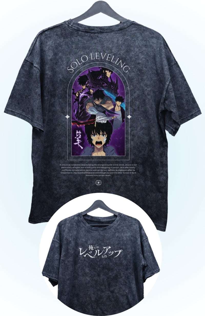Fuddy Moda Fuddy Fashion Oversize Sung Jin-Woo Evolutions Back Printed Washed T-Shirt, Unisex Solo Leveling Vintage T-Shirt  - Image 1