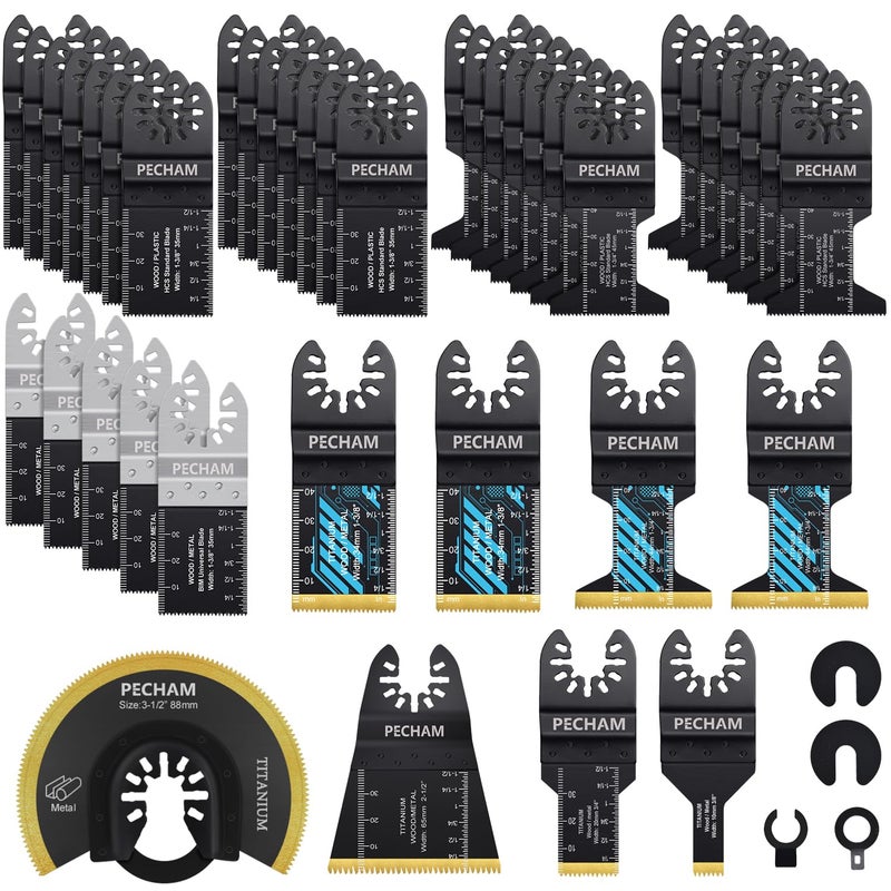 PECHAM Oscillating Saw Blades, 45PCS Professional Universal Titanium Multitool Blades for Wood Plastics Metal Quick Release Multi Tool Kits Fit Rockwell Ridgid Ryobi Milwaukee Chicago Craftsman - Image 1