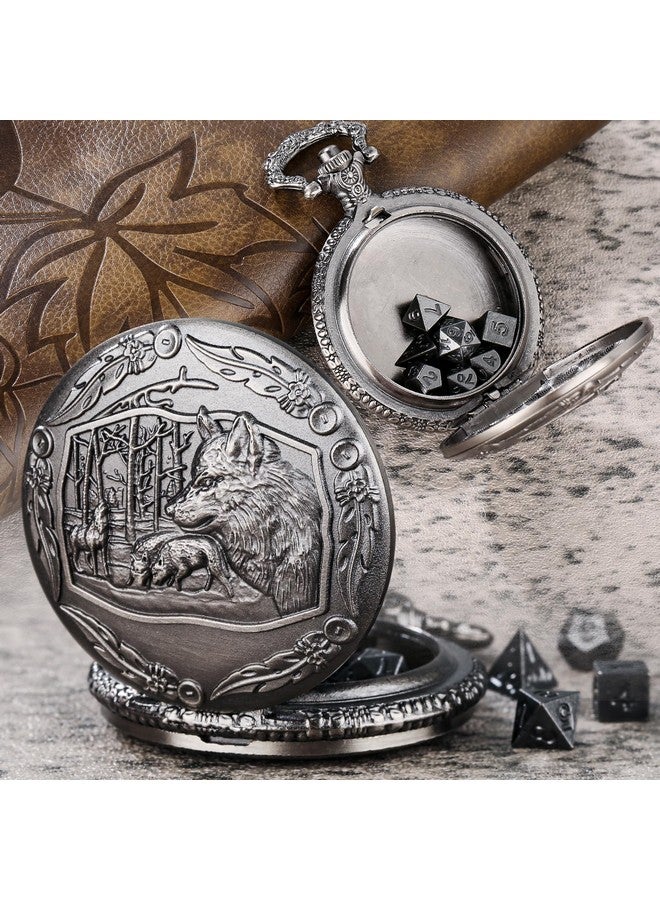 Keller & Weber Mini DND Dice Set with Steampunk Wolf Pocket Watch Shell Case, 7pcs Polyhedral Metal D&D Dice Set, DND Gifts with Gift Box for Gamer, Role Playing Board Games Accessories, Dark Silver - Image 2