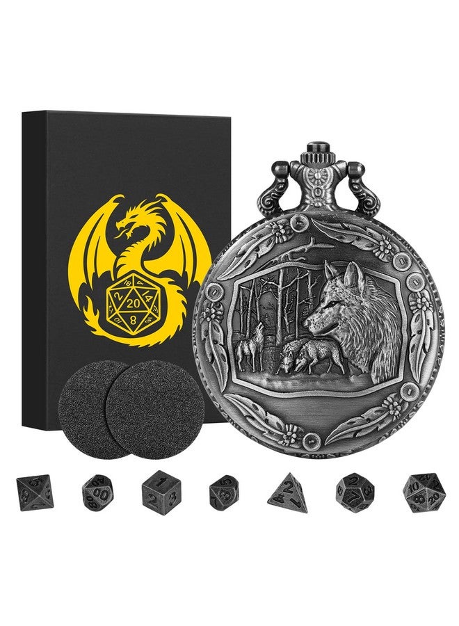 Keller & Weber Mini DND Dice Set with Steampunk Wolf Pocket Watch Shell Case, 7pcs Polyhedral Metal D&D Dice Set, DND Gifts with Gift Box for Gamer, Role Playing Board Games Accessories, Dark Silver - Image 1