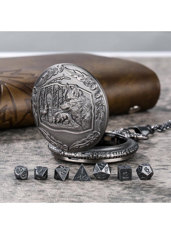 Keller & Weber Mini DND Dice Set with Steampunk Wolf Pocket Watch Shell Case, 7pcs Polyhedral Metal D&D Dice Set, DND Gifts with Gift Box for Gamer, Role Playing Board Games Accessories, Dark Silver - Image 3