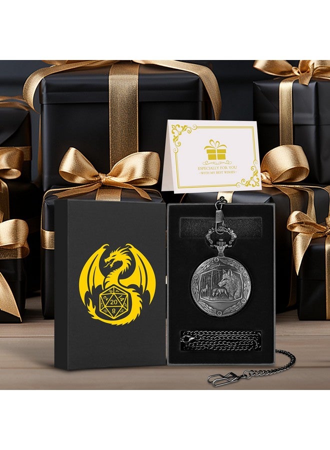 Keller & Weber Mini DND Dice Set with Steampunk Wolf Pocket Watch Shell Case, 7pcs Polyhedral Metal D&D Dice Set, DND Gifts with Gift Box for Gamer, Role Playing Board Games Accessories, Dark Silver - Image 5