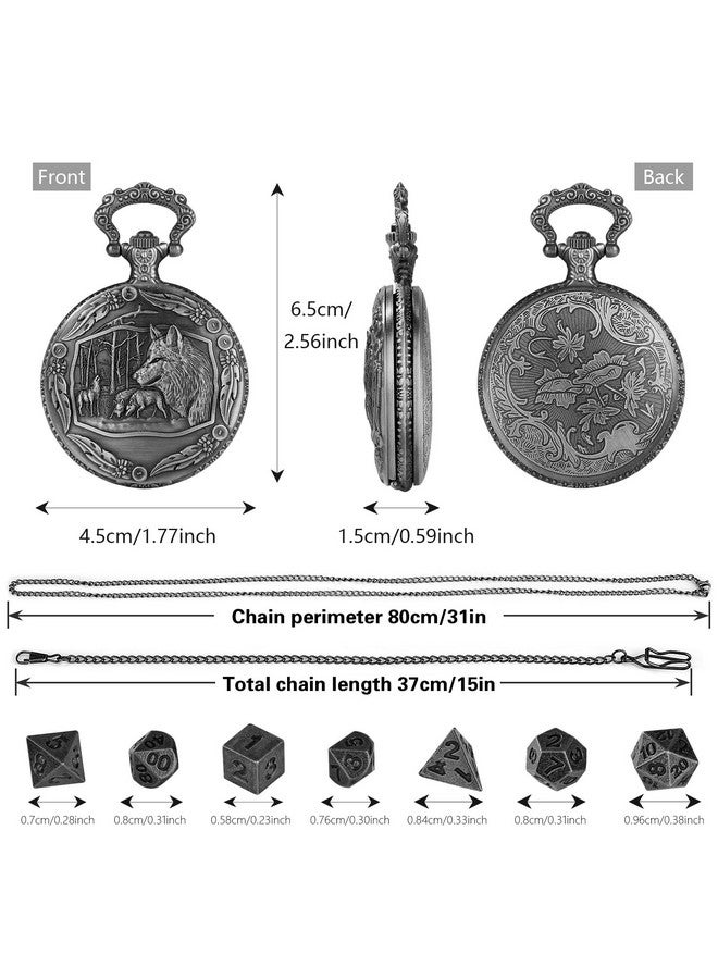 Keller & Weber Mini DND Dice Set with Steampunk Wolf Pocket Watch Shell Case, 7pcs Polyhedral Metal D&D Dice Set, DND Gifts with Gift Box for Gamer, Role Playing Board Games Accessories, Dark Silver - Image 4
