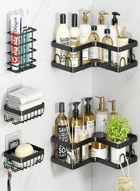 Corner Shower Caddy 5 Pack, Adhesive Shower Organizer, Shower Rack with 16 Hooks, Large Capacity, Rustproof Stainless Steel Shower Shelf for Inside Shower & Bathroom Storage&Home Decor, Black