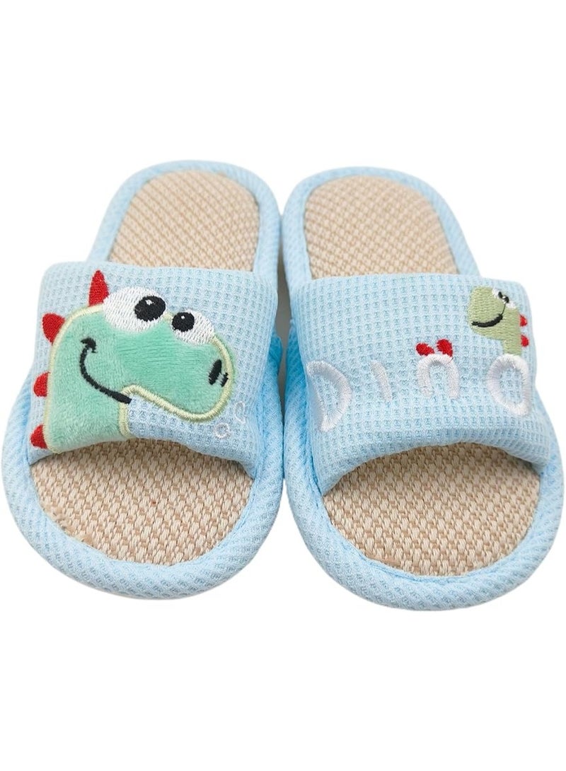 GUDOO Kids Linen Slippers with Cartoon Dinosaurs, Soft Open Toe Indoor Slides for Toddler Girls & Boys, Comfortable Home Slippers Size 28-29 - Image 2