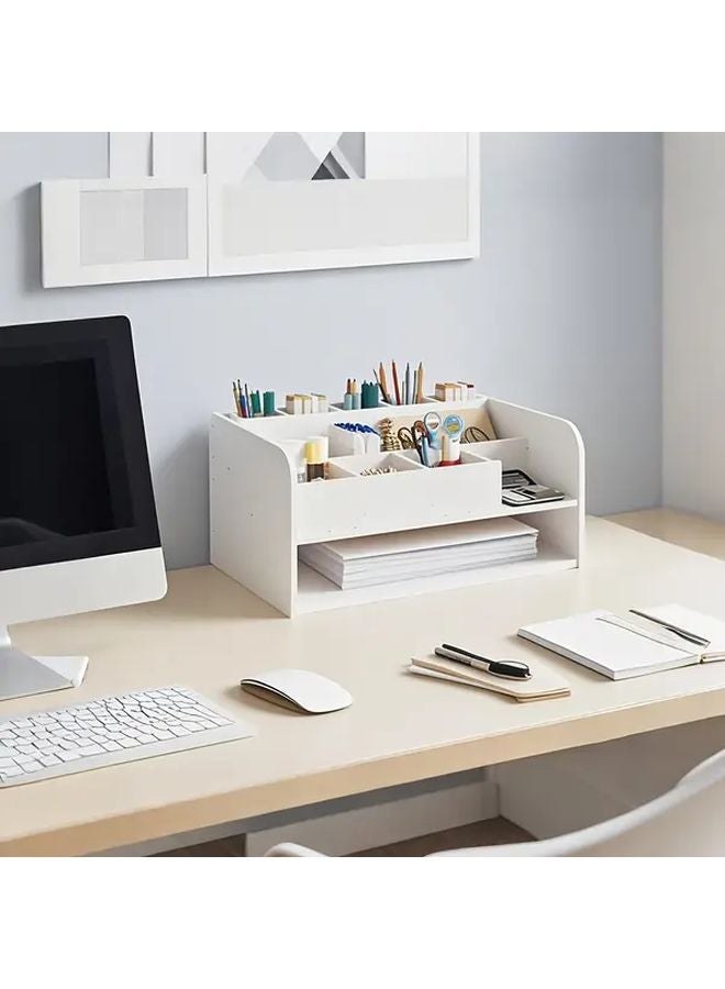 White PVC Wood Plastic Board Desk Organizer With Multiple Compartments Storage Shelf - Image 1