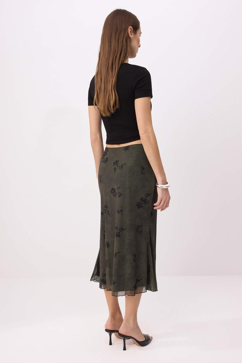trendyol Khaki Floral Printed Bodycon Tulle Stretchy Knitted Skirt - Image 4