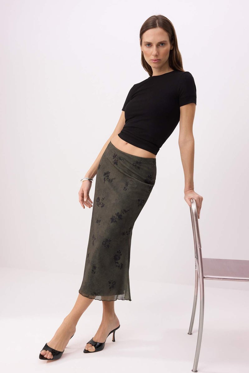 trendyol Khaki Floral Printed Bodycon Tulle Stretchy Knitted Skirt - Image 2