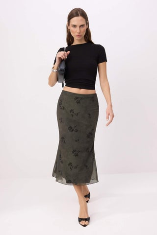 Khaki Floral Printed Bodycon Tulle Stretchy Knitted Skirt