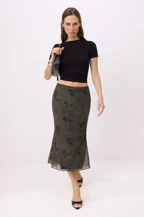 Khaki Floral Printed Bodycon Tulle Stretchy Knitted Skirt
