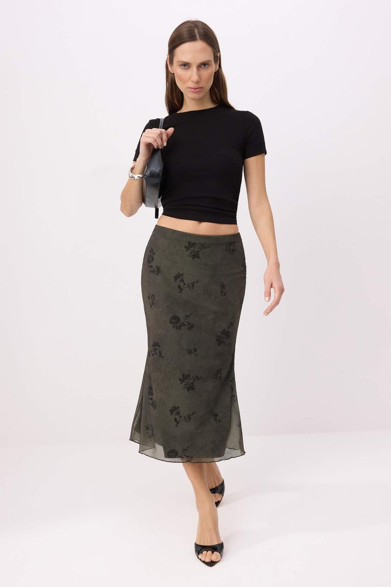 trendyol Khaki Floral Printed Bodycon Tulle Stretchy Knitted Skirt - Image 1