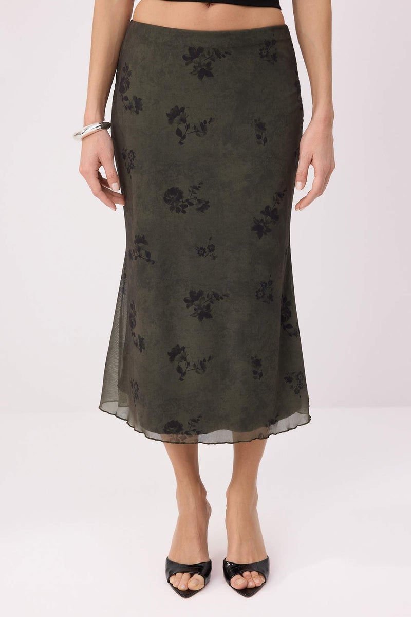 trendyol Khaki Floral Printed Bodycon Tulle Stretchy Knitted Skirt - Image 3