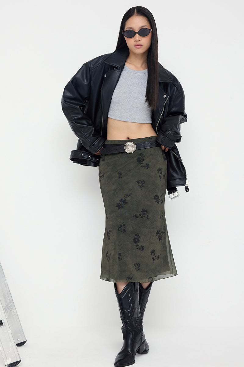 trendyol Khaki Floral Printed Bodycon Tulle Stretchy Knitted Skirt - Image 5